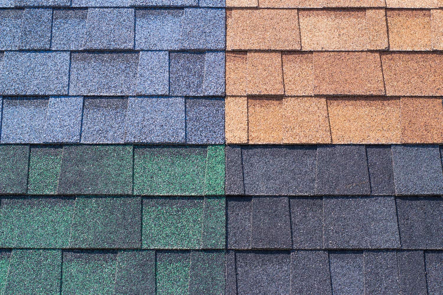 pabco premier vs prestige comparison of four shingle color options - blue, brown, black, and green.